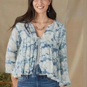 Alamar Delaine Linen Floral Cropped Jacket Blue and White NWT